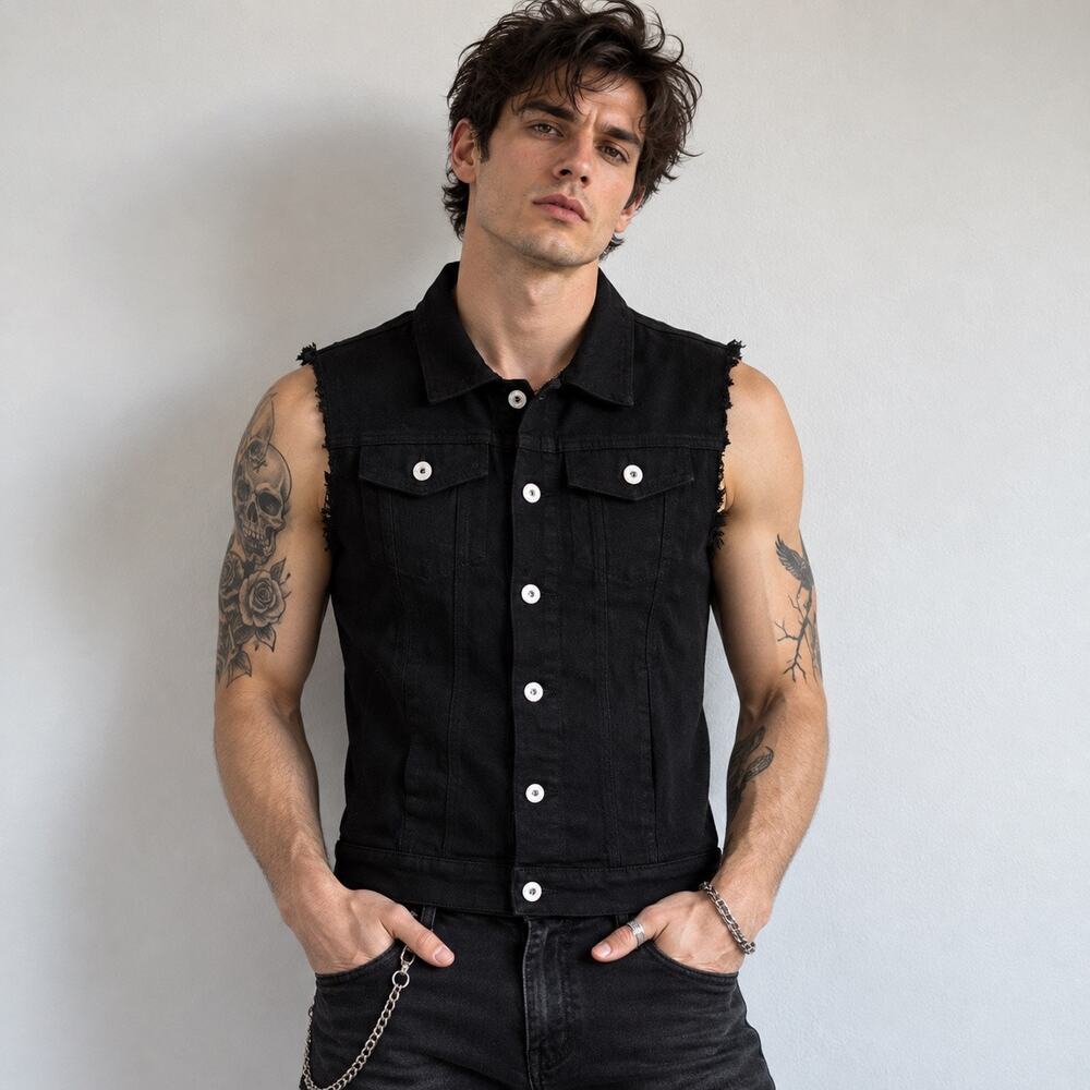 GTHIC Men’s Black Denim Biker Vest NWT Punk Goth Distressed Sleeveless M L